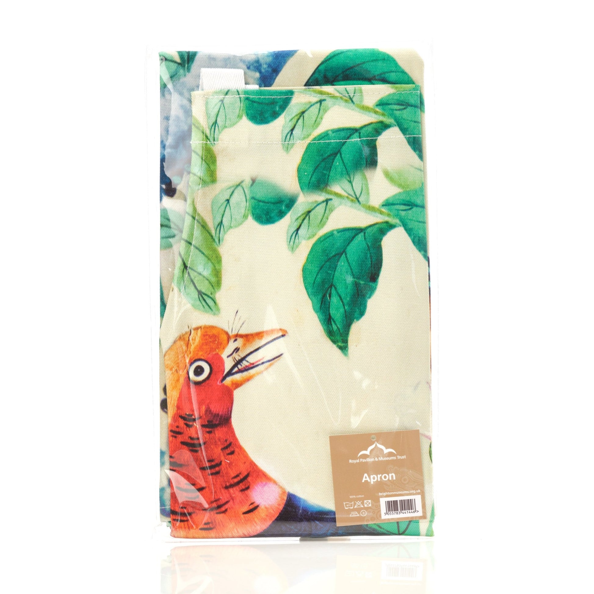 Folded apron with red bird's head and green leaves on pastel yellow fabric. Paper label with barcode in bottom right hand corner.