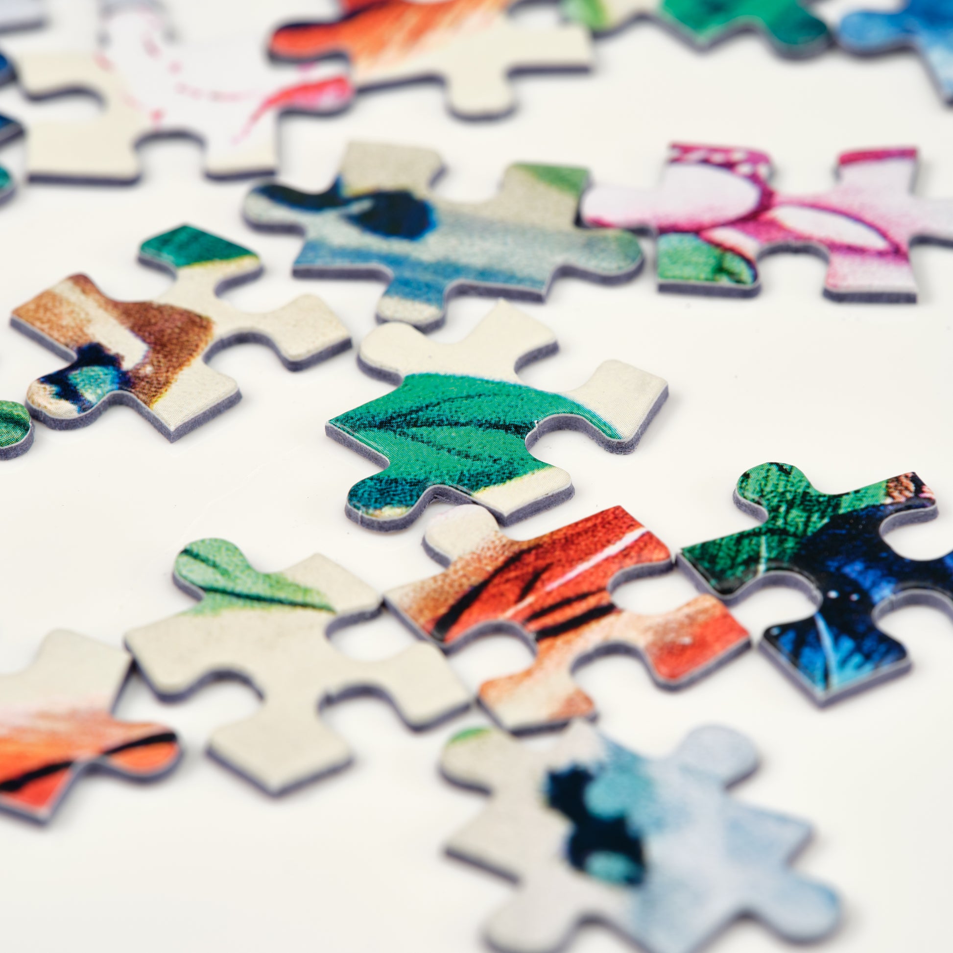 A close up of jigsaw pieces laid out on a white surface.