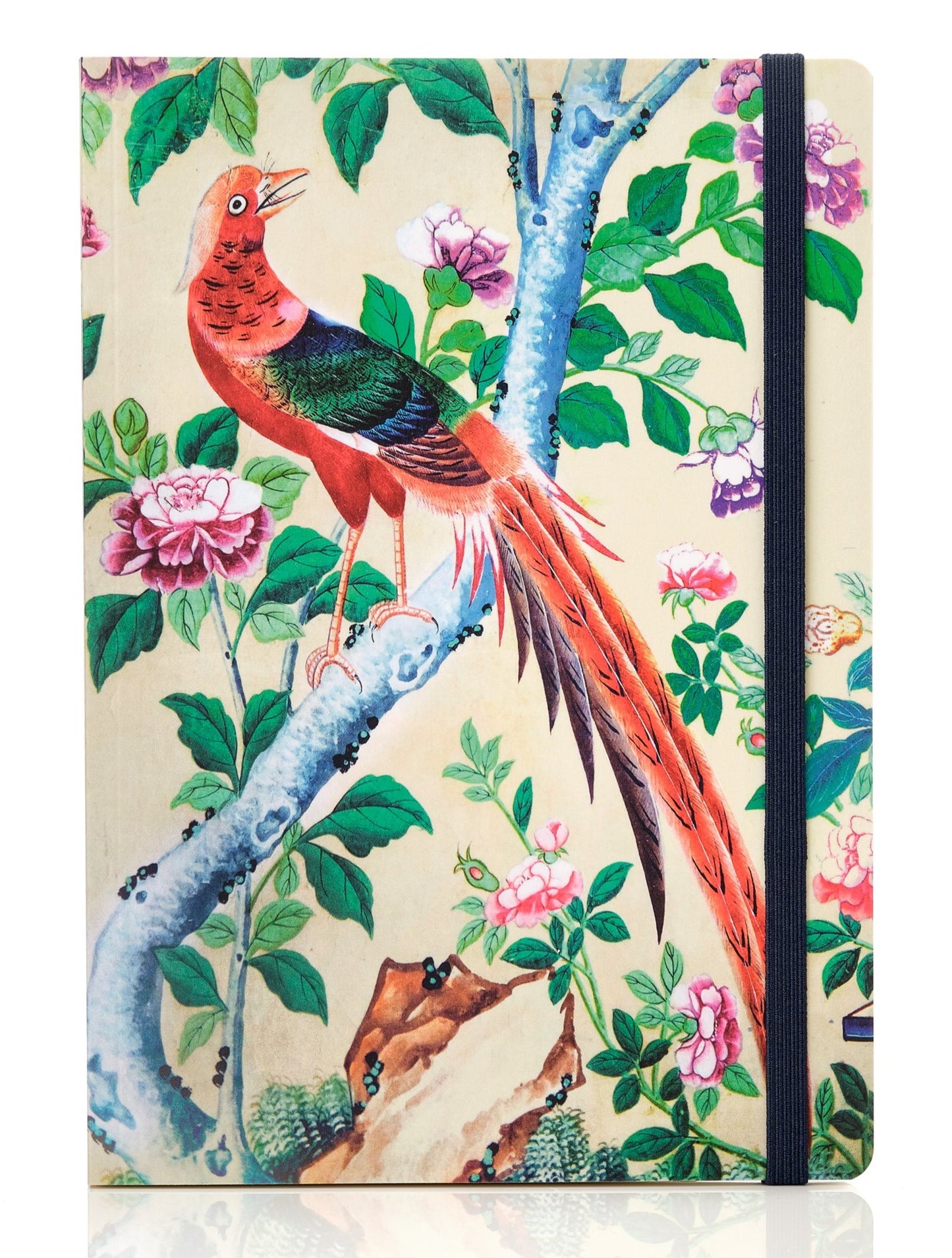 The front of a journal with a bird, leaf and tree branch design.